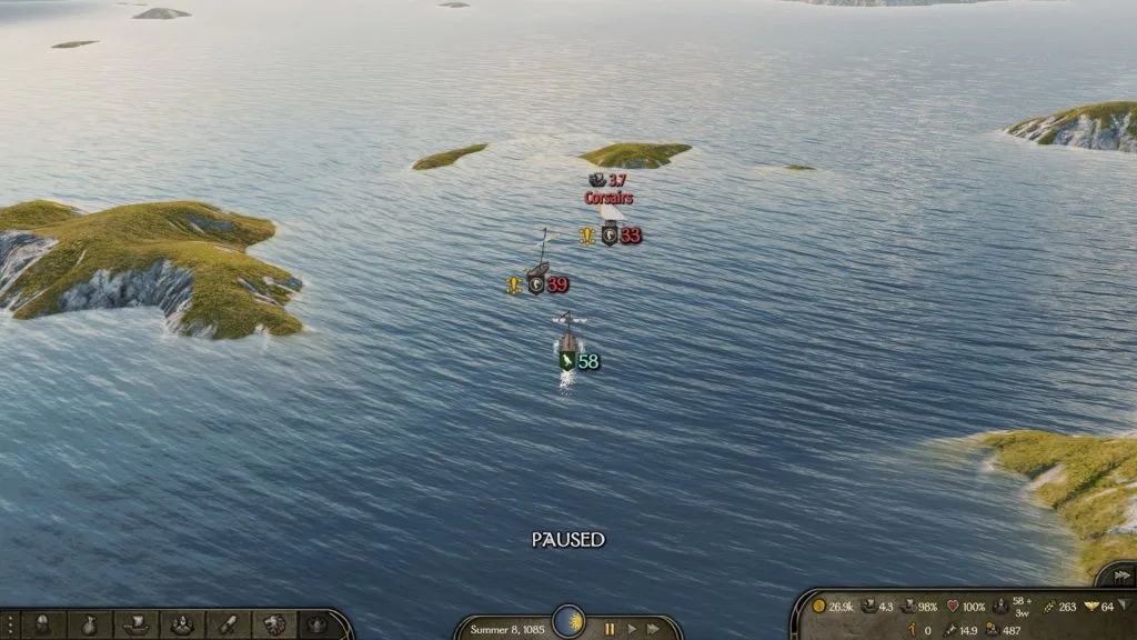 Mount & Blade 2 War Sails screenshot of the overworld map showing two enemy corsair ships ahead that are surrounded by small islands