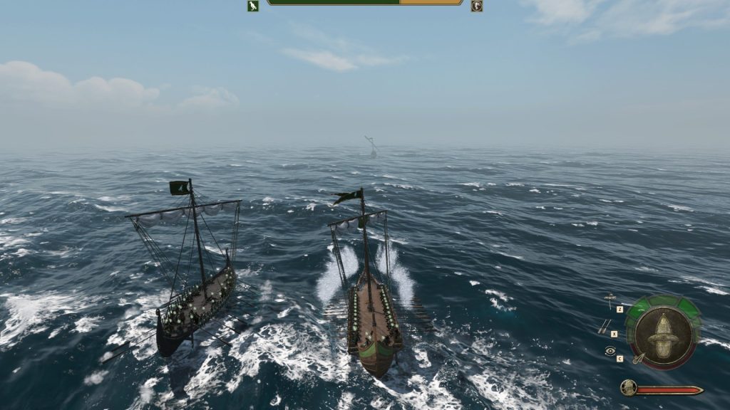 Mount & Blade 2 War Sails screenshot of two ships with their sails raised headed toward one lone ship in the distance