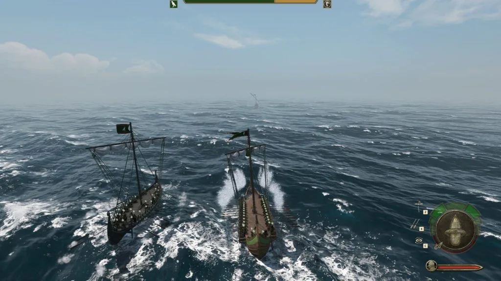 Mount & Blade 2 War Sails screenshot of two ships with their sails raised headed toward one lone ship in the distance