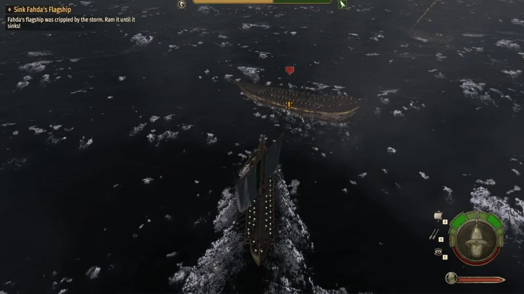 Mount & Blade 2 War Sails screenshot of an overhead ocean shot of one ship about to ram another