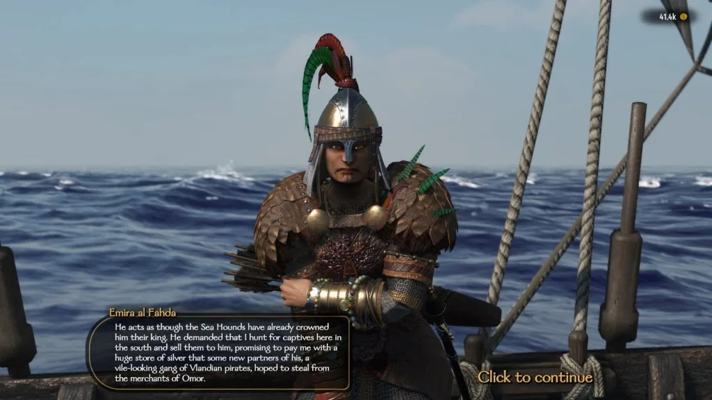 Mount & Blade 2 War Sails screenshot of Emira al Fahda injured and looking directly at the camera from a boat