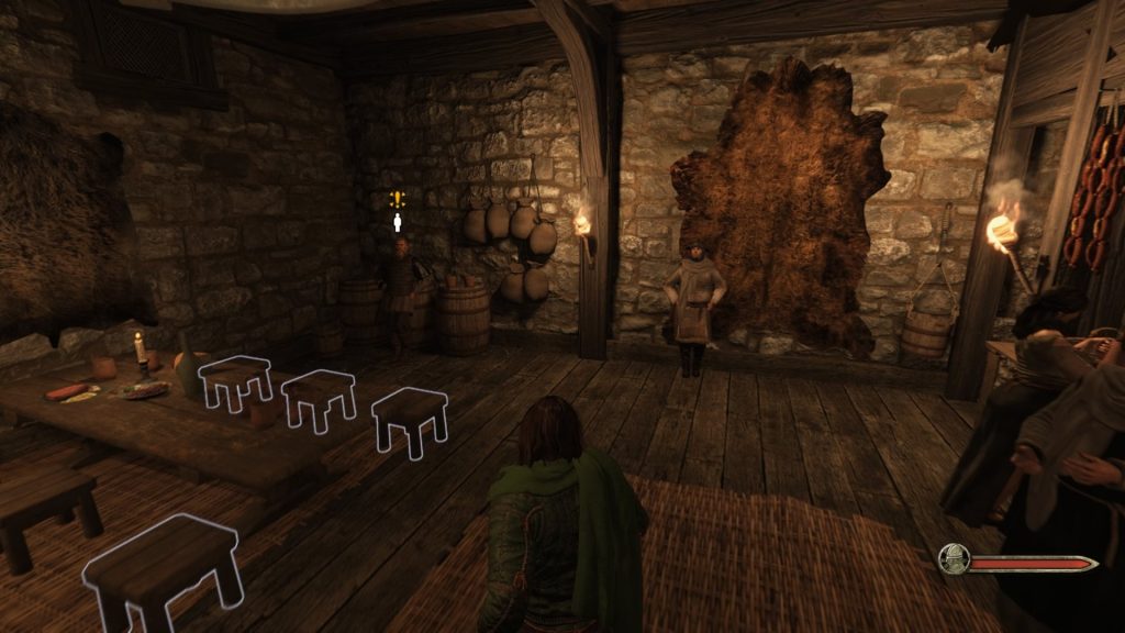Mount & Blade 2 War Sails screenshot of a tavern with someone leaning against a barrel near the wall