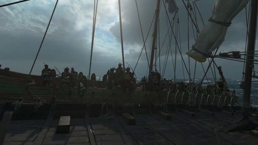 Mount & Blade 2 War Sails screenshot of archers on a longship at sea with an overcast sky