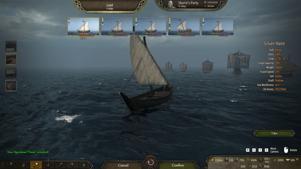 Mount & Blade 2 War Sails screenshot of the screen for looting captured ships. It shows one boat at sea with several in the distance, beneath a cloudy sky.
