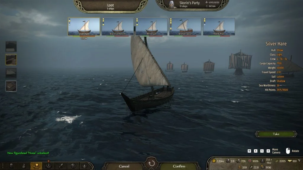 Mount & Blade 2 War Sails screenshot of the screen for looting captured ships. It shows one boat with several in the distance, beneath a cloudy sky. A message at the bottom right says, "New figure head Horse unlocked!"