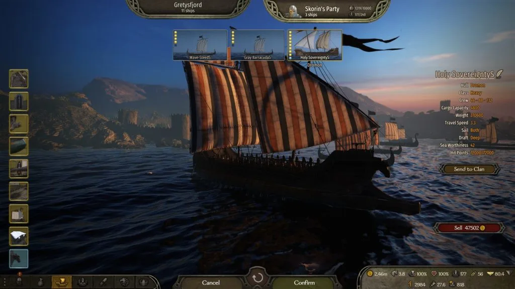Mount & Blade 2: Bannerlord War Sails screenshot of a large ship in port with its sails down.
