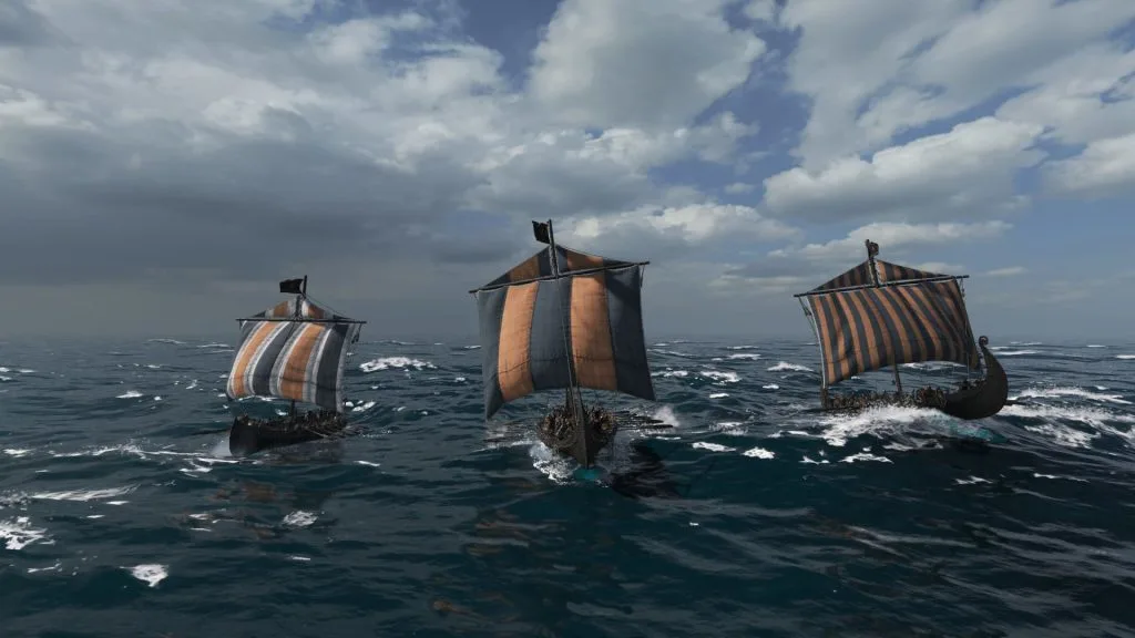 Mount & Blade 2 War Sails screenshot at sea of three ships with their sails visible