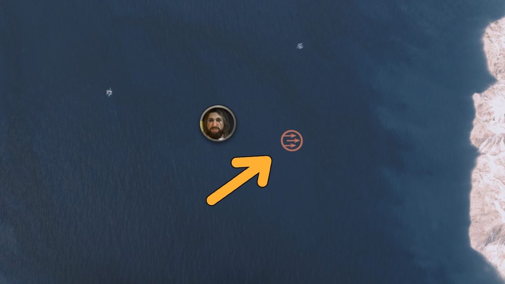 Mount & Blade 2 War Sails screenshot of the ocean showing an orange arrow pointing at a symbol with three arrows.