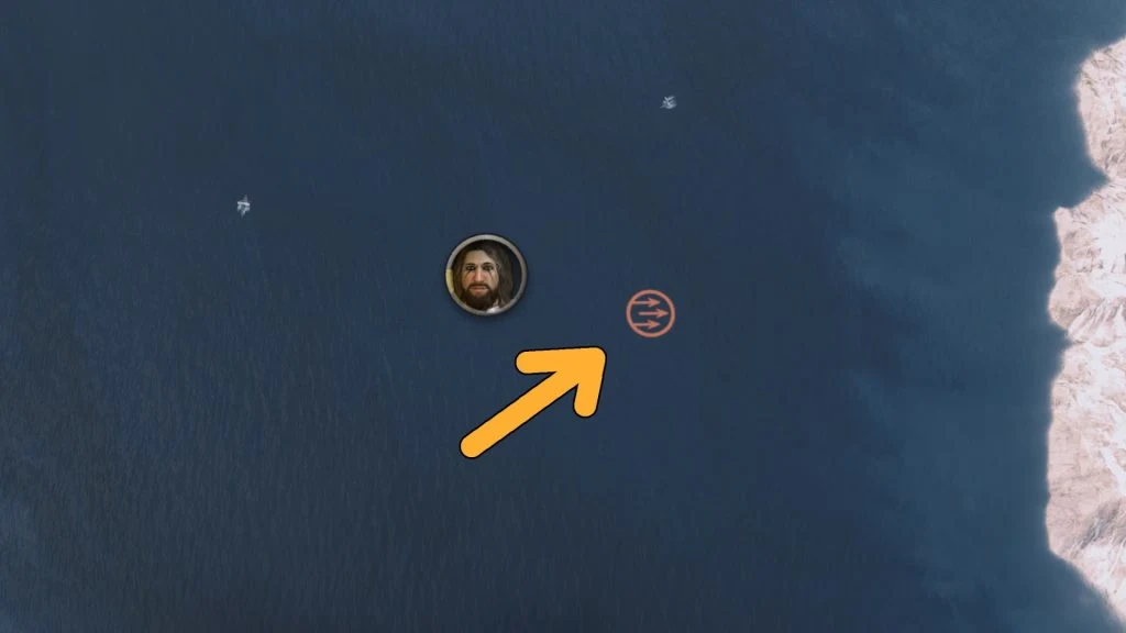 Mount & Blade 2 War Sails screenshot of the ocean showing an orange arrow pointing at a symbol with three arrows.