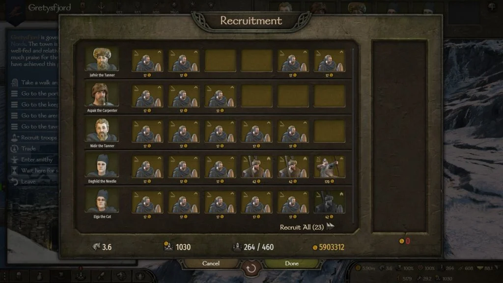 Mount & Blade 2 War Sails screenshot of the recruitment page inside a town where every troop has the Mariner role.