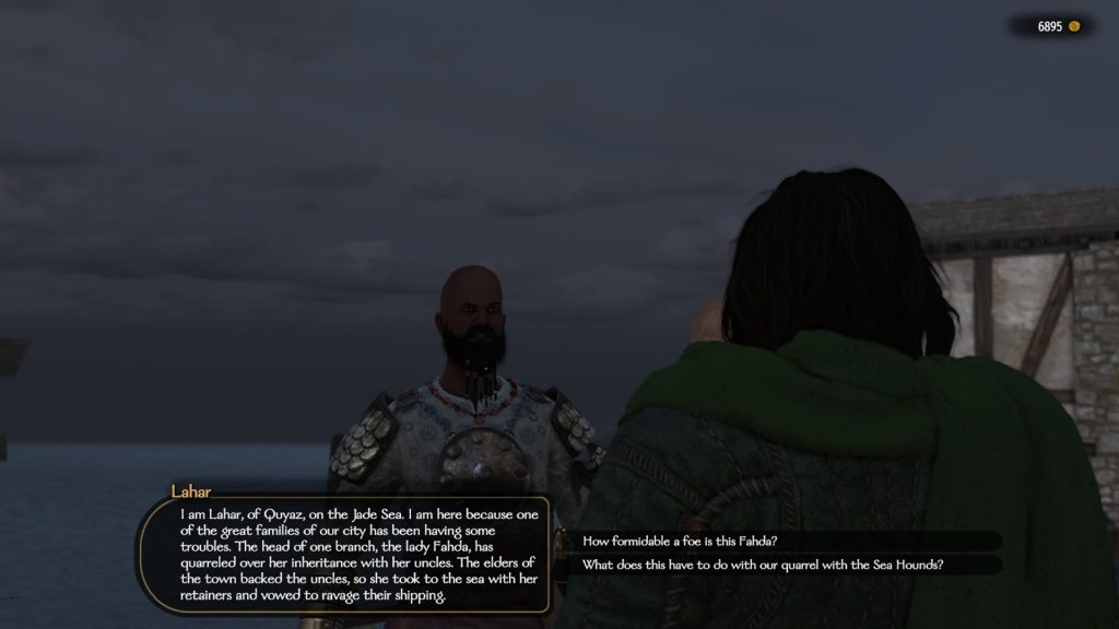 Mount & Blade 2 War Sails screenshot of a dark cloudy sky with the player and a lord named Lahar speaking near the water