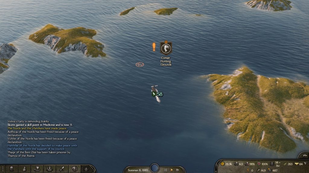 Mount & Blade 2 War Sails screenshot of the overworld map showing the ocean and a few islands surrounding the Corsair Hunting Grounds