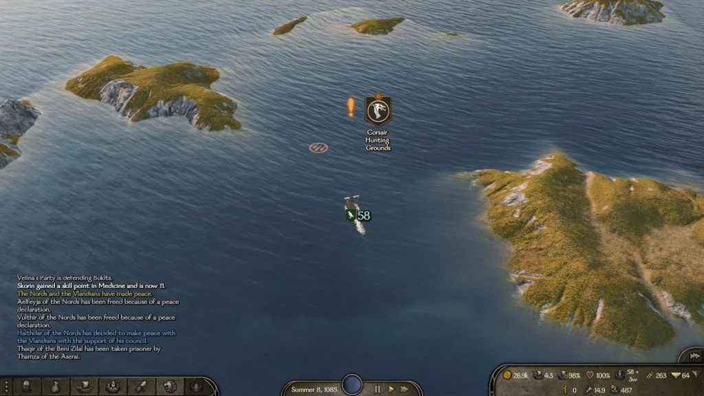 Mount & Blade 2 War Sails screenshot of the overworld map showing the ocean and a few islands surrounding the Corsair Hunting Grounds