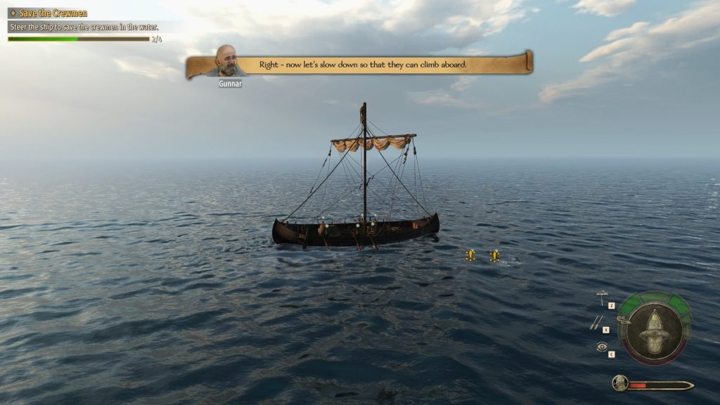 Mount & Blade 2 War Sails screenshot showing a boat from the side in the water with two people swimming to it