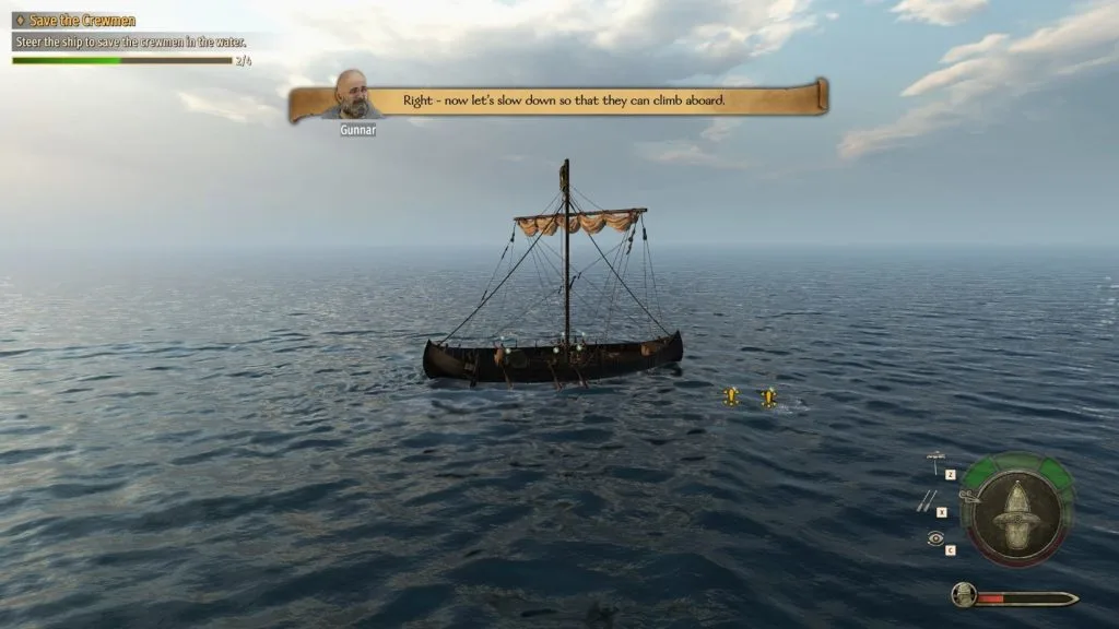 Mount & Blade 2 War Sails screenshot showing a boat from the side in the water with two people swimming to it