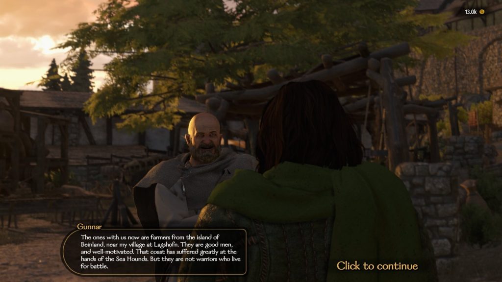 Mount & Blade 2 War Sails screenshot of the player and Gunnar speaking as the sun sets