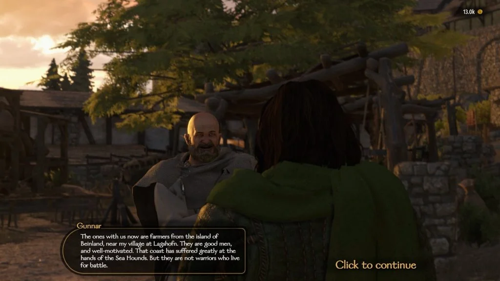 Mount & Blade 2 War Sails screenshot of the player and Gunnar speaking as the sun sets