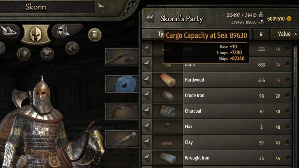 Mount & Blade 2 War Sails screenshot of the inventory screen showing a Sea Capacity of 89,630.