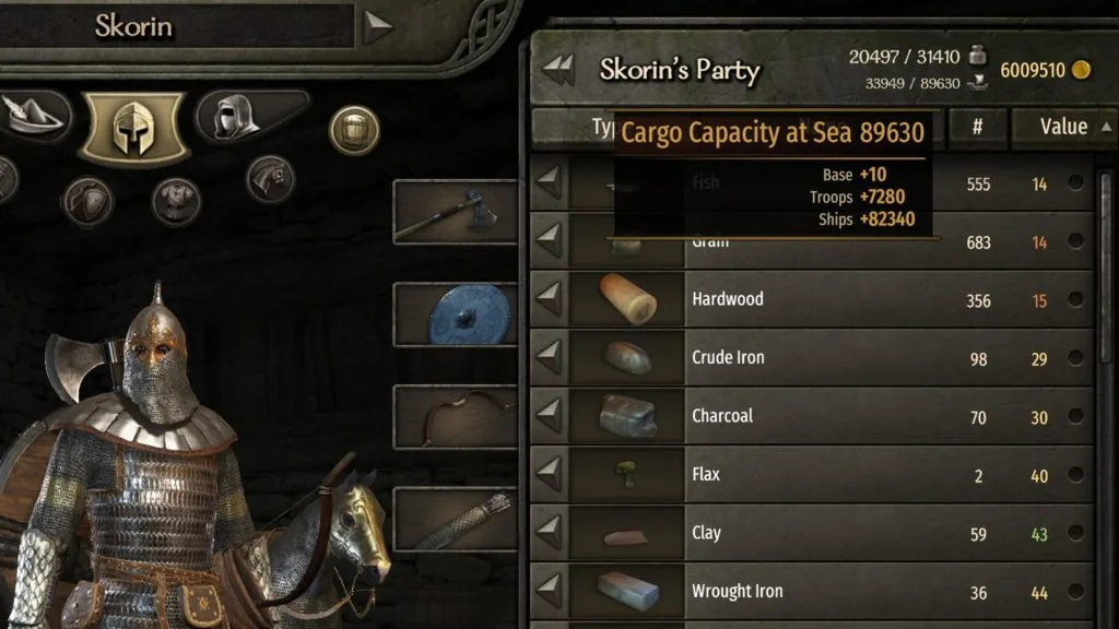 Mount & Blade 2 War Sails screenshot of the inventory screen showing a Sea Capacity of 89,630.