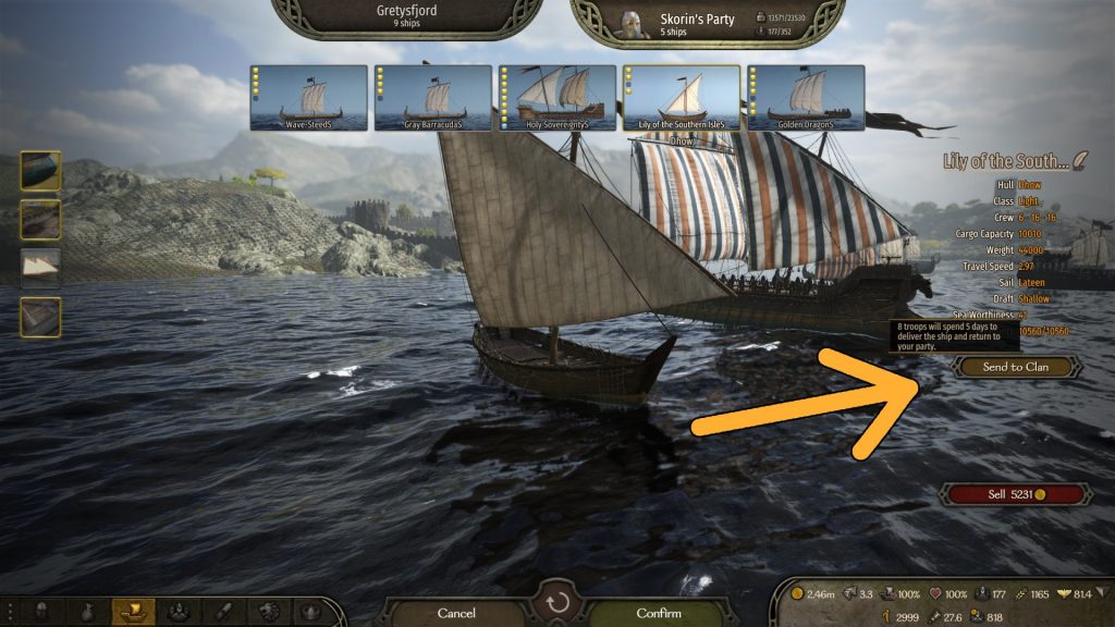 Mount & Blade 2 War Sails screenshot of a few boats in port and a big orange arrow pointing at a button that says, Send to Clan.