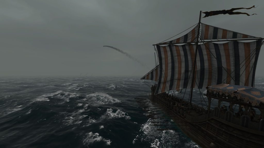 Mount & Blade 2 War Sails screenshot of a ship at sea during a cloudy sky and fog.