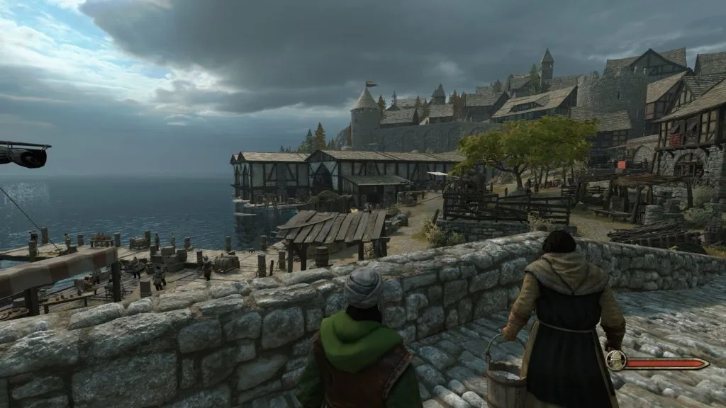 Mount & Blade 2 War Sails screenshot overlooking the Ostican port where you can see castle walls, docks, and people wandering on a cloudy day.