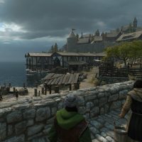 Mount & Blade 2 War Sails screenshot overlooking the Ostican port where you can see castle walls, docks, and people wandering on a cloudy day.