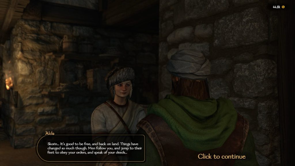 Mount & Blade 2 War Sails screenshot of a young woman near stone walls, speaking with the player.