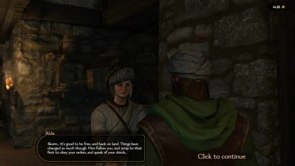 Mount & Blade 2 War Sails  screenshot of a young woman near stone walls, speaking with the player.