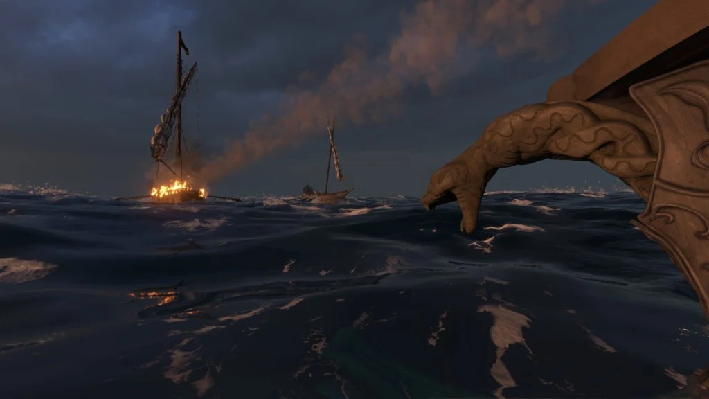 Mount & Blade 2 Bannerlord screenshot of a ship on fire in the distance with another ship adjacent to it. At the right side of the screenshot is a wooden viper figurehead attached to a ship out of view.