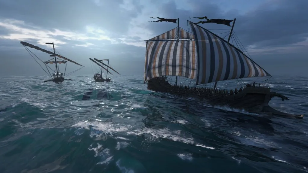 Mount & Blade 2 War Sails screenshot of three ships at sea beneath a partially cloudy sky