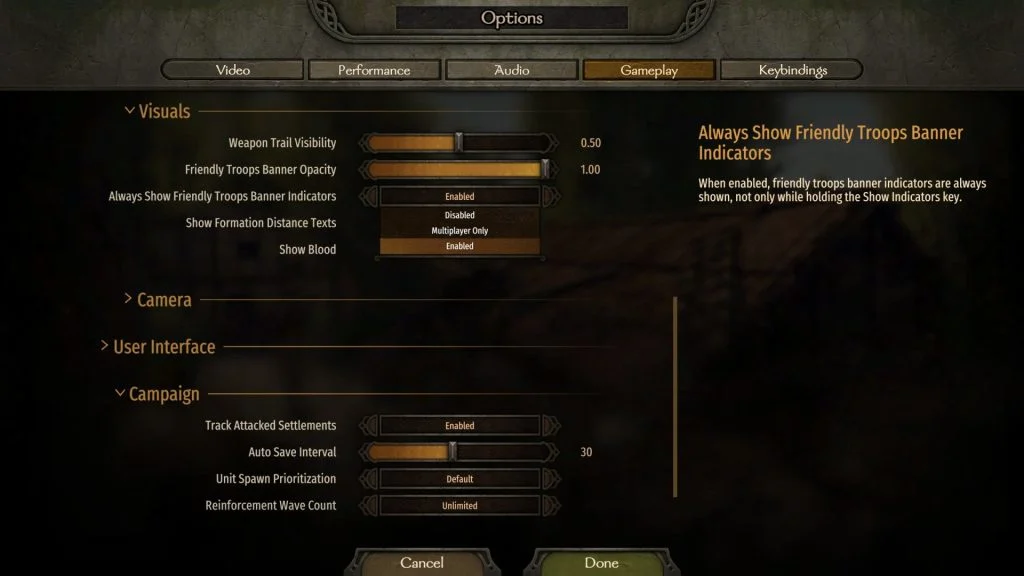 Mount & Blade 2 Bannerlord screenshot of the gameplay options sohwing a setting for, Always Show Friendly Troops Banner Indicators.