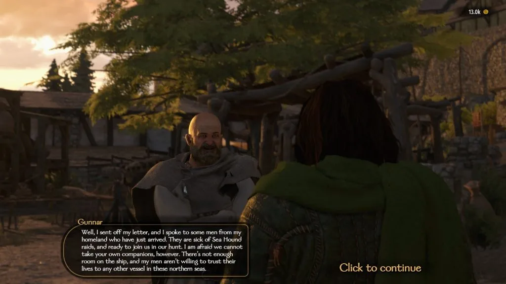 Mount & Blade War Sails screenshot of a conversation between the player and Gunnar near a large tree