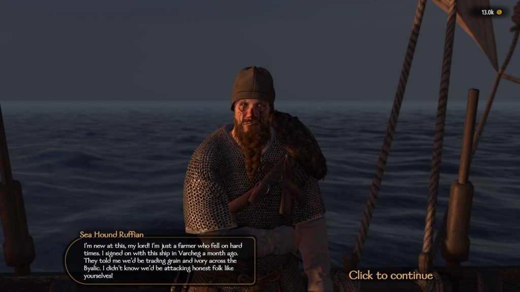 Mount & Blade War Sails screenshot of an injured Sea Hound Ruffian at sea