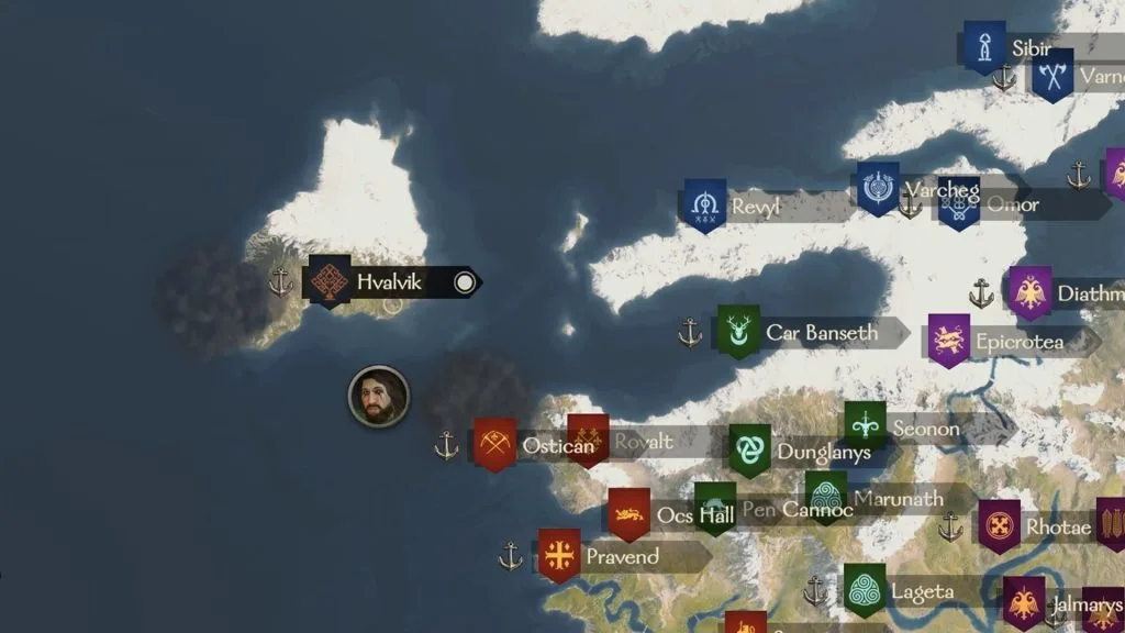 Mount & Blade 2 War Sails screenshot of the overworld showing Hvalvik in Calradia