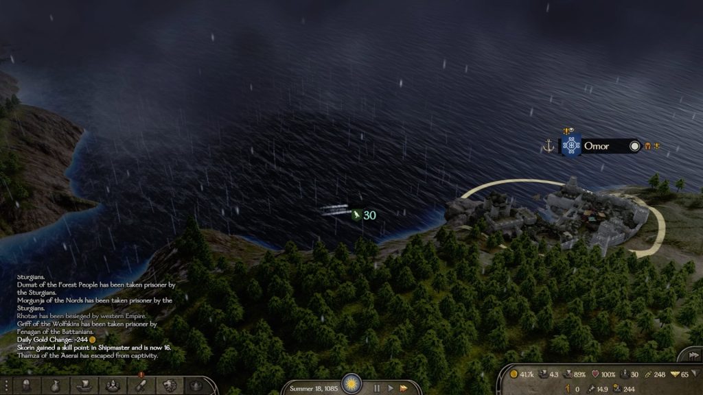 Mount & Blade 2 War Sails screenshot of sailing on the overworld map beneath a cloudy storm just outside the town of Omor