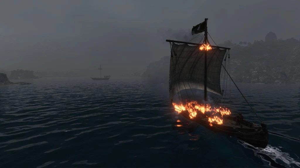 Mount & Blade War Sails screenshot of a burning ship sailing toward another one