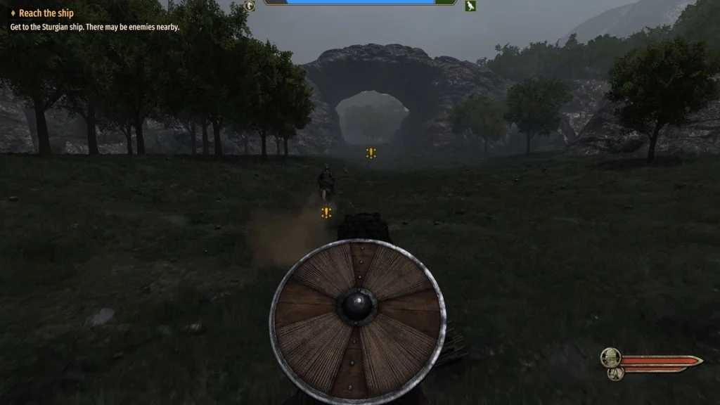 Mount & Blade War Sails screenshot of two people riding horses toward a big rock arch at night