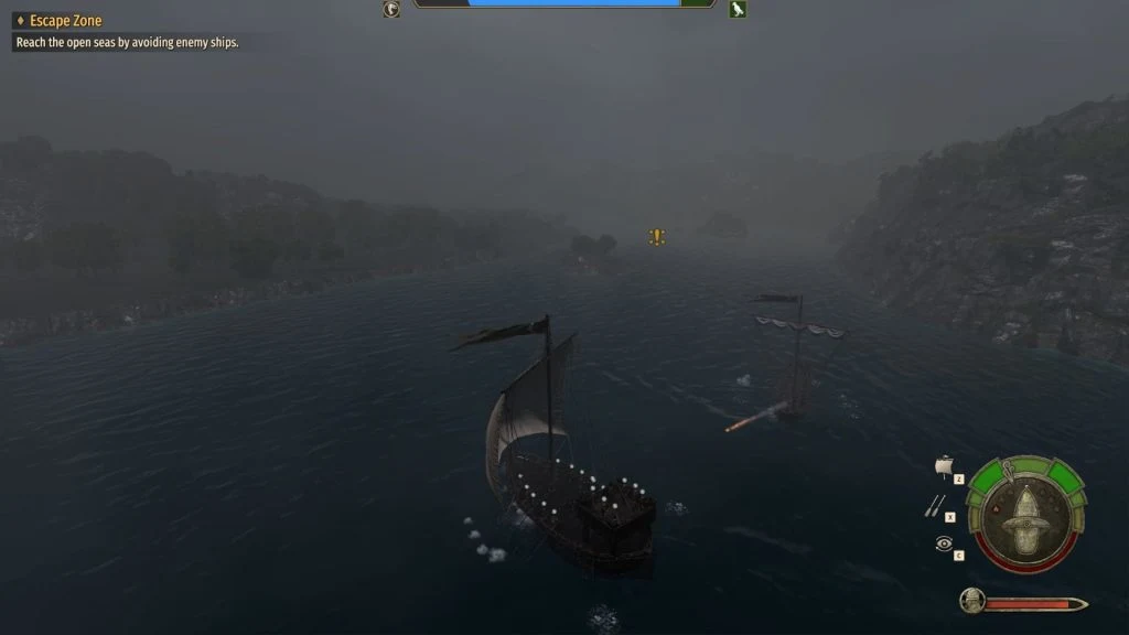 Mount & Blade War Sails screenshot of a boat sailing away from a smaller one nearby shooting a flaming ballista bolt