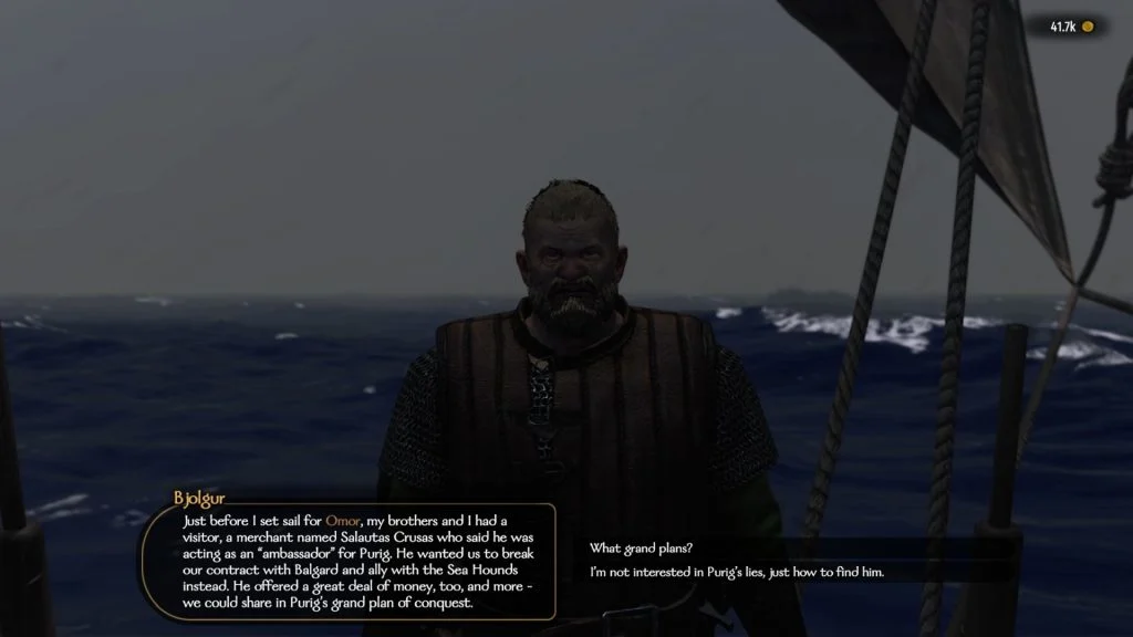 Mount & Blade 2 War Sails screenshot of Bjolgur mid conversation on a boat at night in the rain