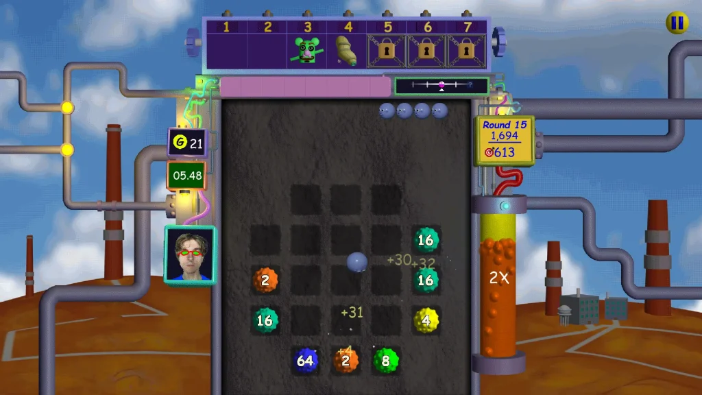 Nubby's Number Factory Screenshot With Industrial Buildings in the Background