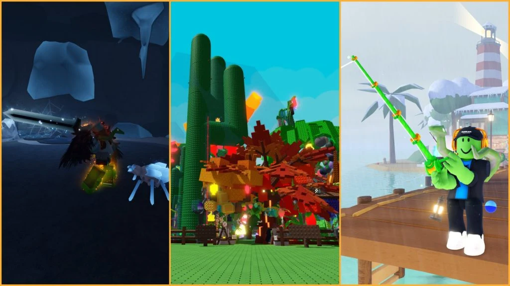 Picture that shows three Roblox games side by side. The Forge, Grow a Garden, and Fish It!