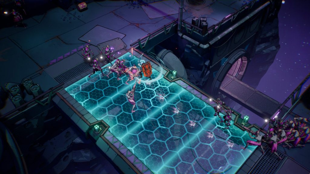 Superfuse Screenshot of Fighting on a Neon Blue Bridge