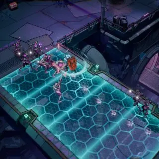 Superfuse Screenshot of Fighting on a Neon Blue Bridge