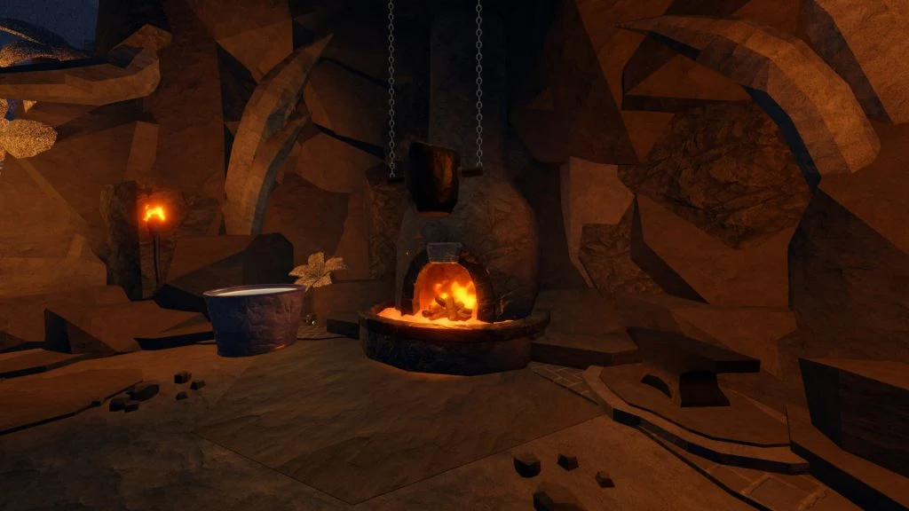 The Forge screenshot showing a lit furnace near an anvil and torch up against a rock wall.