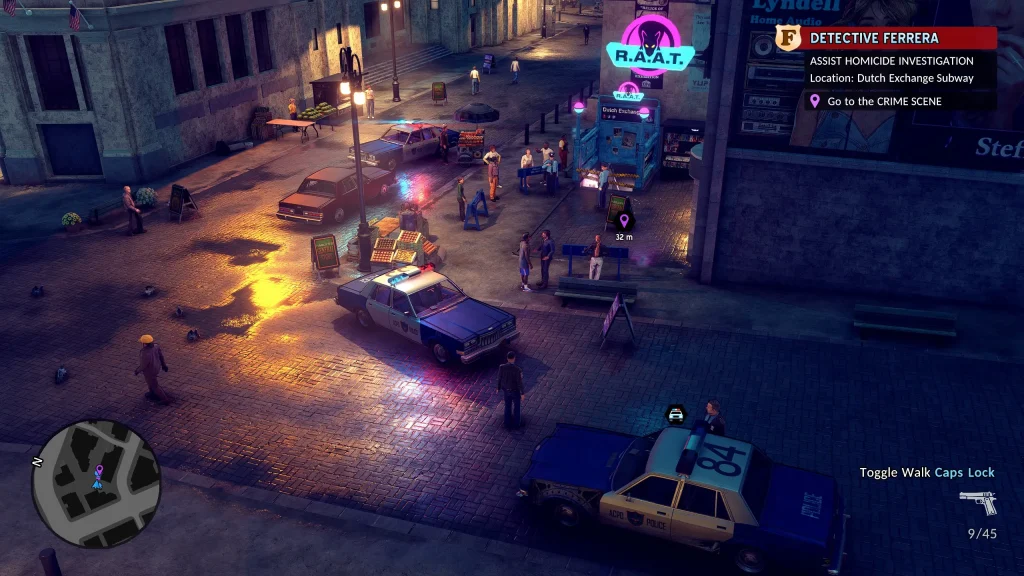 The Precinct Screenshot a Dark City Corner With Cop Cars