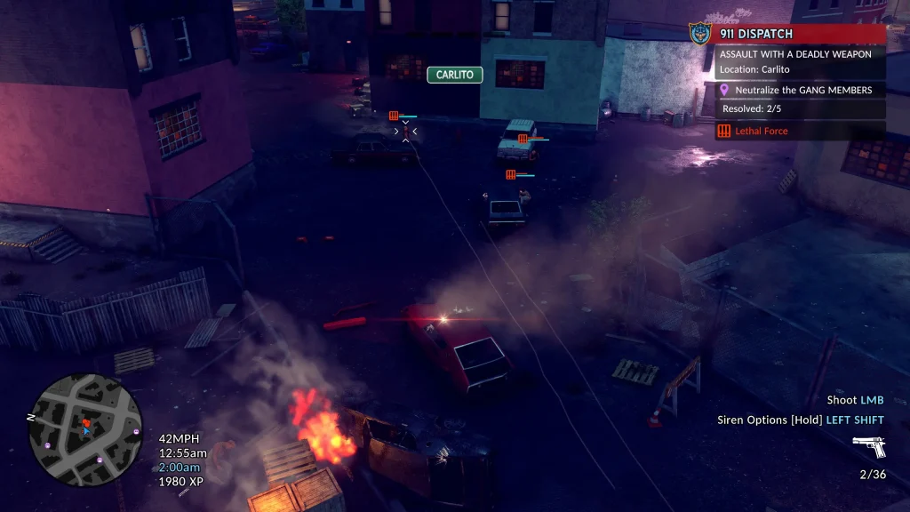 The Precinct Screenshot of Driving Through an Alley in the MIddle of a Gunfight
