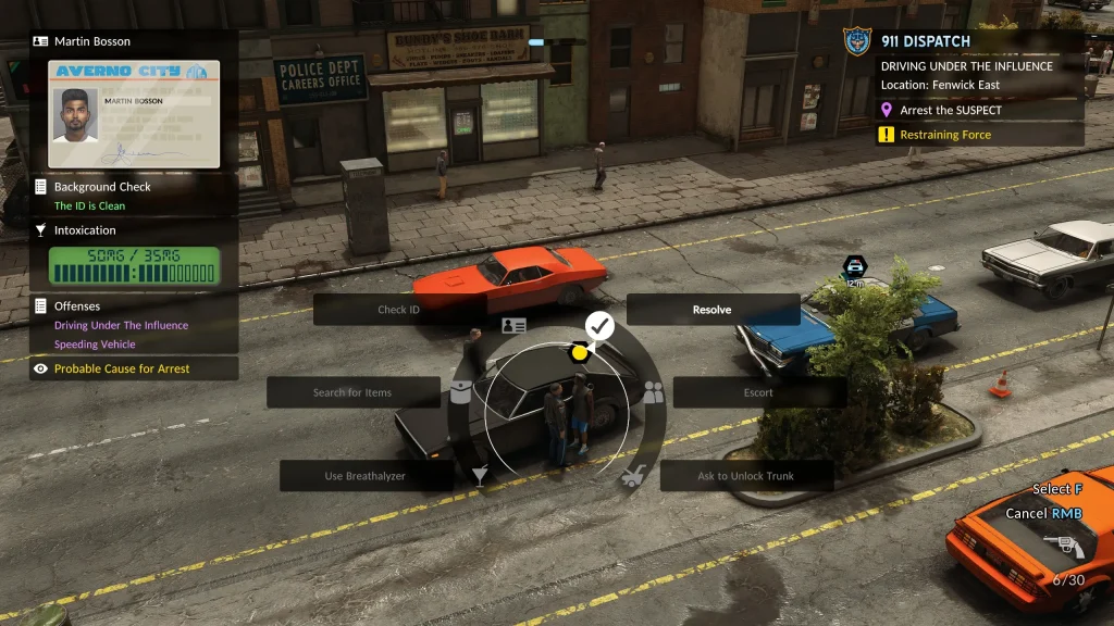 The Precinct Traffic Stop Showing a Radial Menu of Interactions