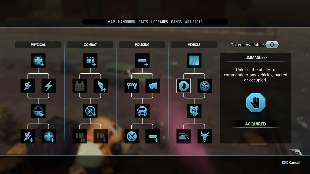 The Precinct Upgrade Page Showing the Commandeer Perk