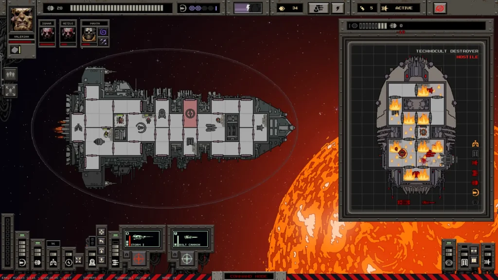 Void War Screenshot of an Enemy Ship on Fire With a Large Red Star Behind It